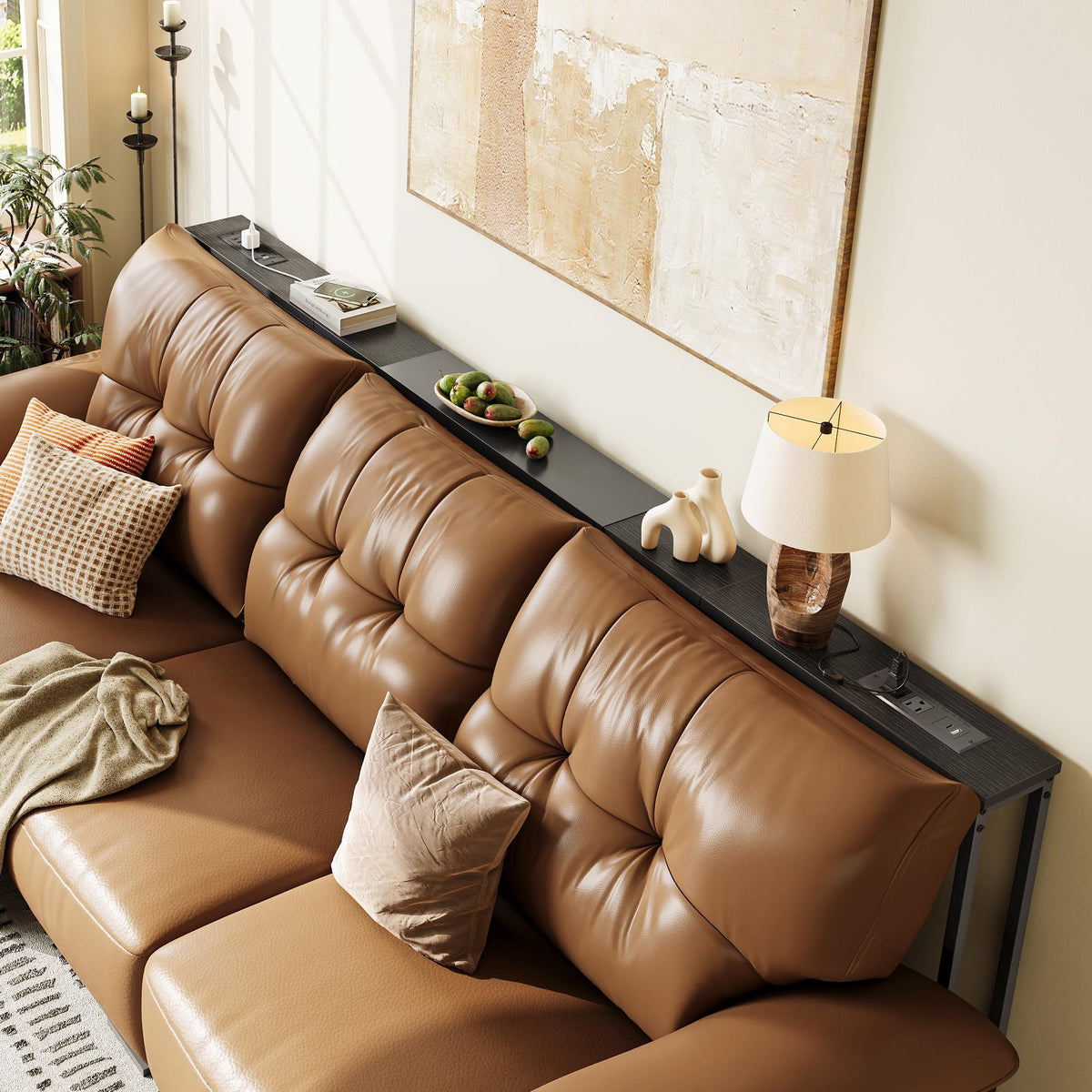 Huuger Narrow Sofa Table with 2 Power Outlets, 110.2-133.8 Inch Adjustable Length, Behind the Couch Table with USB-C Port, Long Entryway Console Table, Anti-tip Kit, for Living Room, Rustic Brown