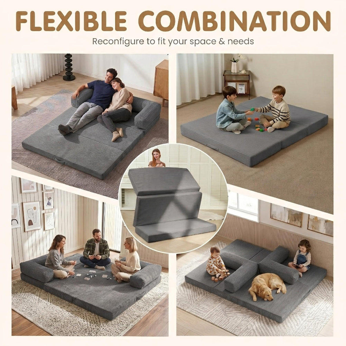 Convertible Sofa Bed Queen,5-in-1 Boneless Couch with Removable Armrests & Handle,Corduroy Futon Sleeper Sofa,Floor Folding Mattress Pull Out Bed for Small Space Apartment Living Room Bedroom,Green