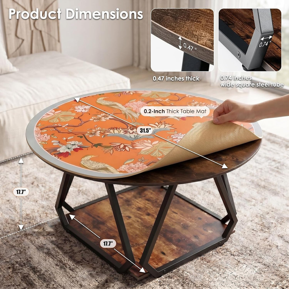 31.5" Round Coffee Table with Orange Table Mat, 2-Tier Circle Center Table