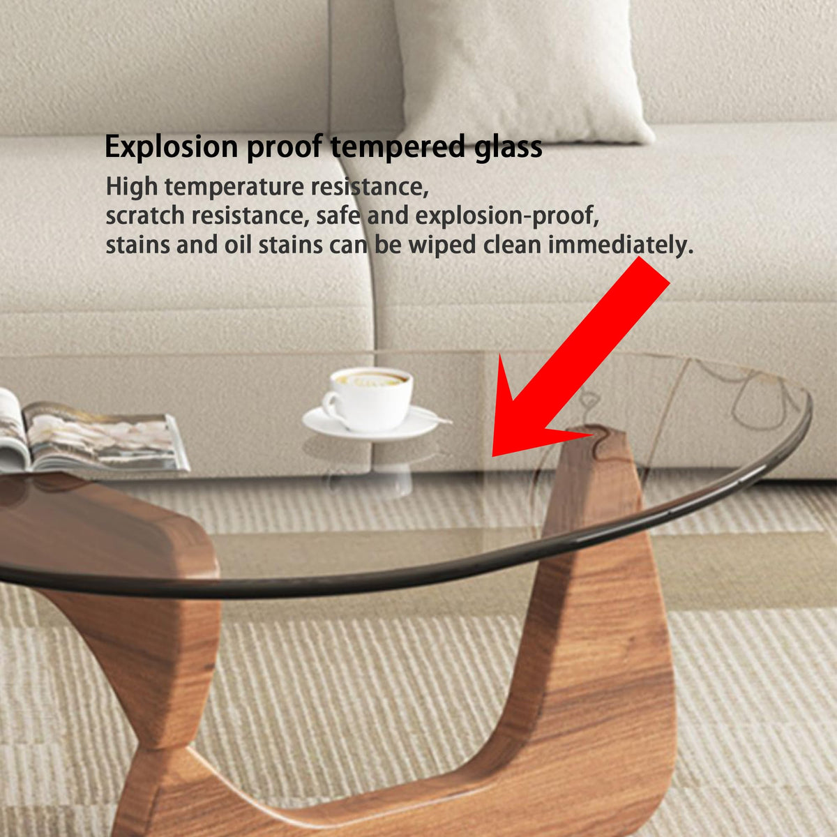 EASYSOUL Modern Glass Coffee Table, 32.68" D x 22.44" W x 15.75" H, Abstract Round Tea Tables for Living Room Home Office Industrial Cocktail Tables (Walnut-Brown Glass, 32.68")