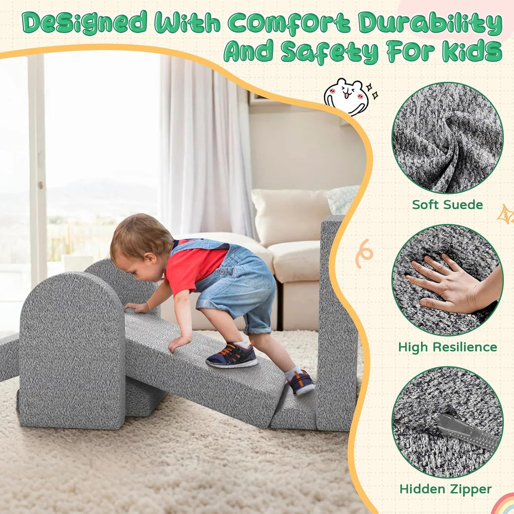 Modular Kids Play Couch with Washable Covers â Foam Toddler Sofa for Creative Play, Climbing, and Lounging â Convertible Kid Sofa Play Furniture for Kids Room or Nursery (Grey)
