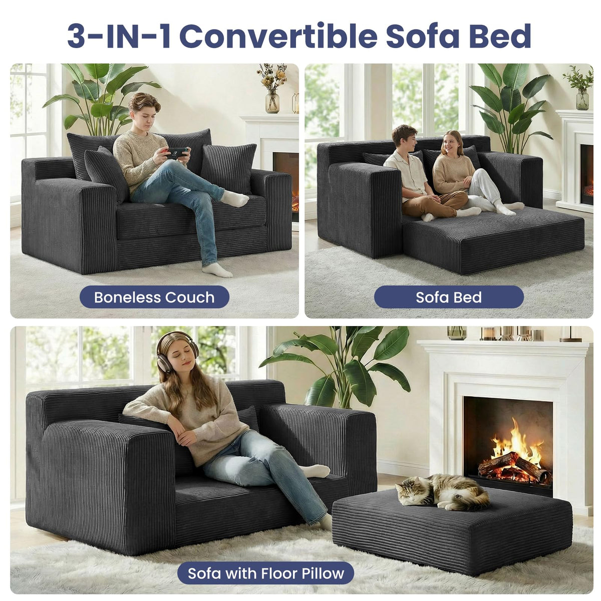 3-in-1 Convertible Sofa Bed: Boneless Loveseat Sleeper & Folding Couch Bed with 4 Pillows & Detachable Cushion, Furry Futon Couch for Bedroom, Apartment, Office and Living Room, No Assembly, Orange