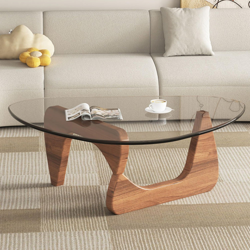 EASYSOUL Modern Glass Coffee Table, 32.68" D x 22.44" W x 15.75" H, Abstract Round Tea Tables for Living Room Home Office Industrial Cocktail Tables (Walnut-Brown Glass, 32.68")