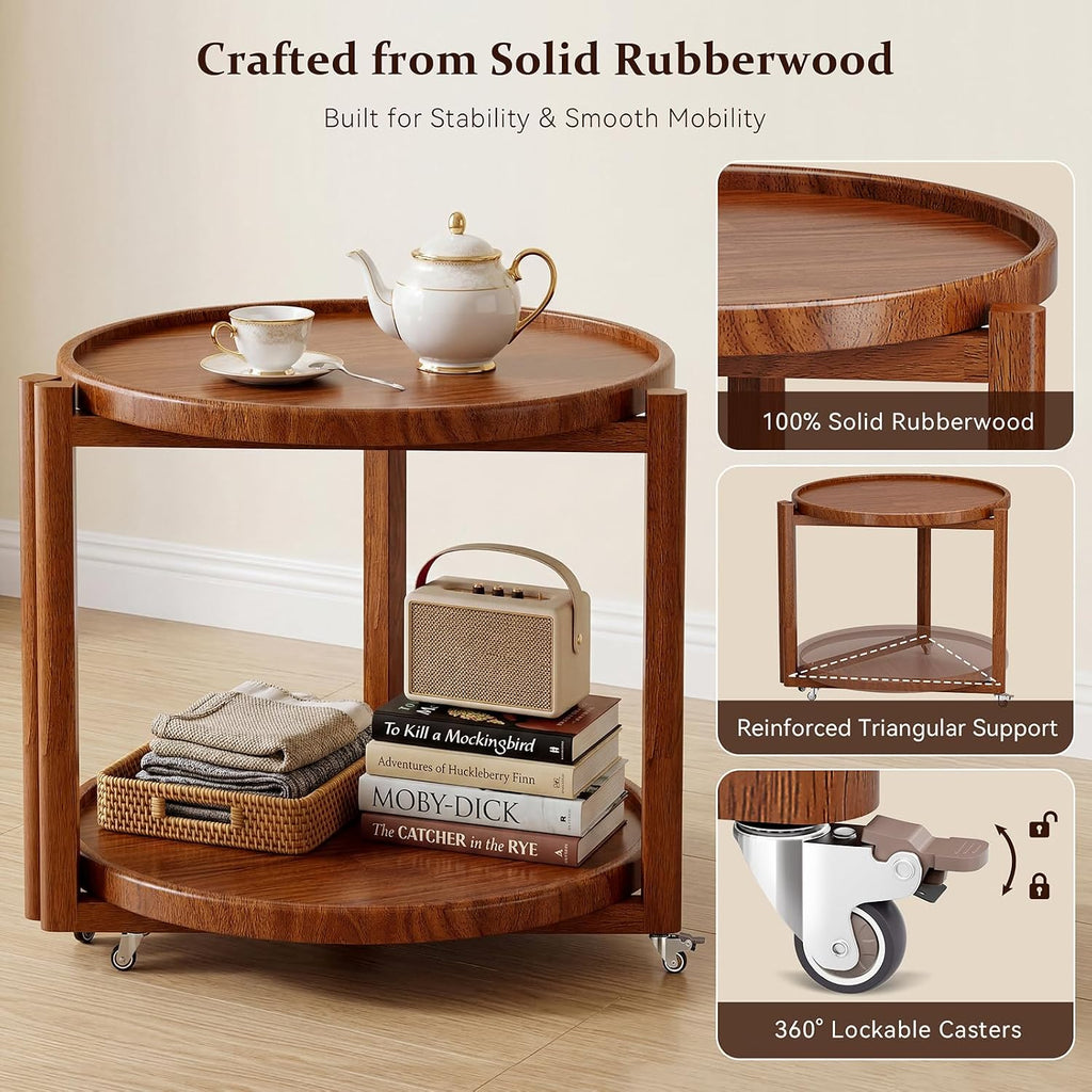 Taitiy Rolling Side Table with Wheels, Small Solid Wood Round End Table