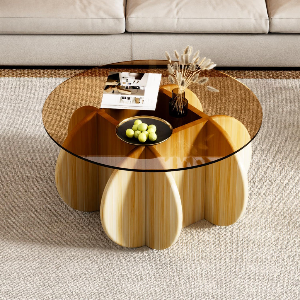 31.5'' Round Coffee Table with Tempered Glass Top, Modern Center Table for Small Spaces - Sturdy Walnut Board Frame, Simple Design for Living Room, Home, Office - Easy Assembly. (Walnut + Brown)