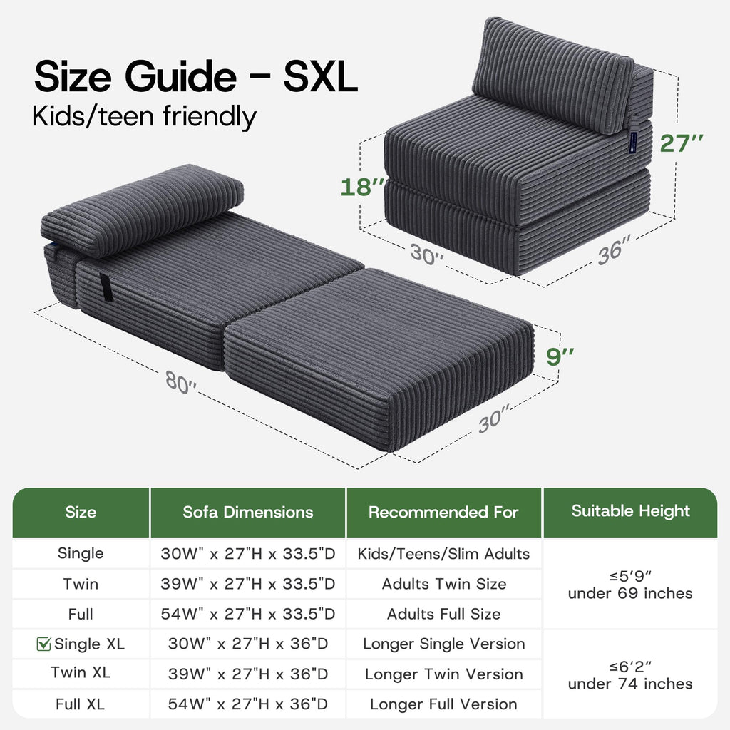 Folding Sofa Bed Convertible 4 in 1 Sleeper Chair Black Single