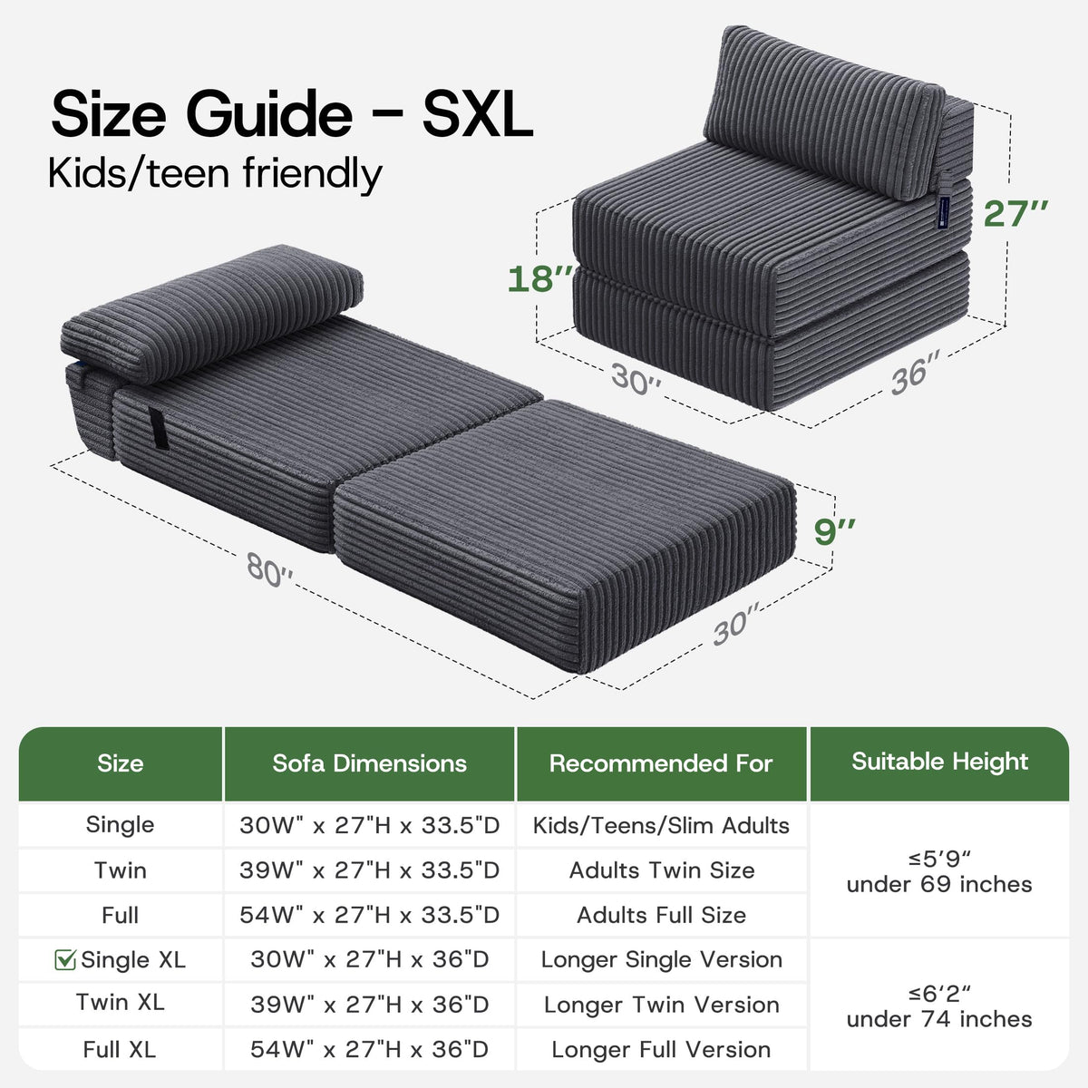 Folding Sofa Bed Convertible 4 in 1 Sleeper Chair Black Single