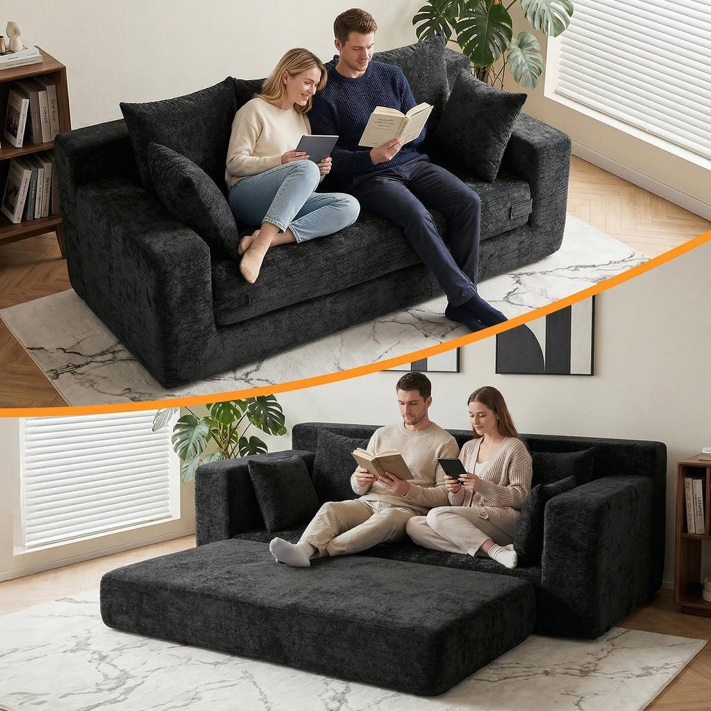55" Small Boneless Couch, 3-in-1 Boneless Loveseat Sleeper Sofa Bed Convertible Sofa Bed with 4 Pillows, Black Corduroy Boneless Couch for Living Room, Guest Room, Small Space, No Assembly Required