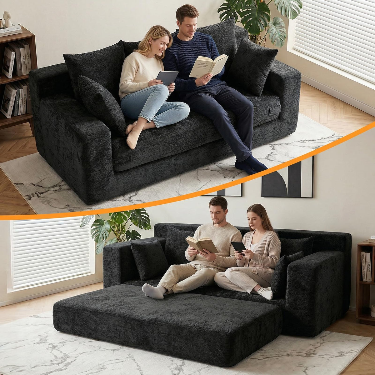 55" Small Boneless Couch, 3-in-1 Boneless Loveseat Sleeper Sofa Bed Convertible Sofa Bed with 4 Pillows, Black Corduroy Boneless Couch for Living Room, Guest Room, Small Space, No Assembly Required