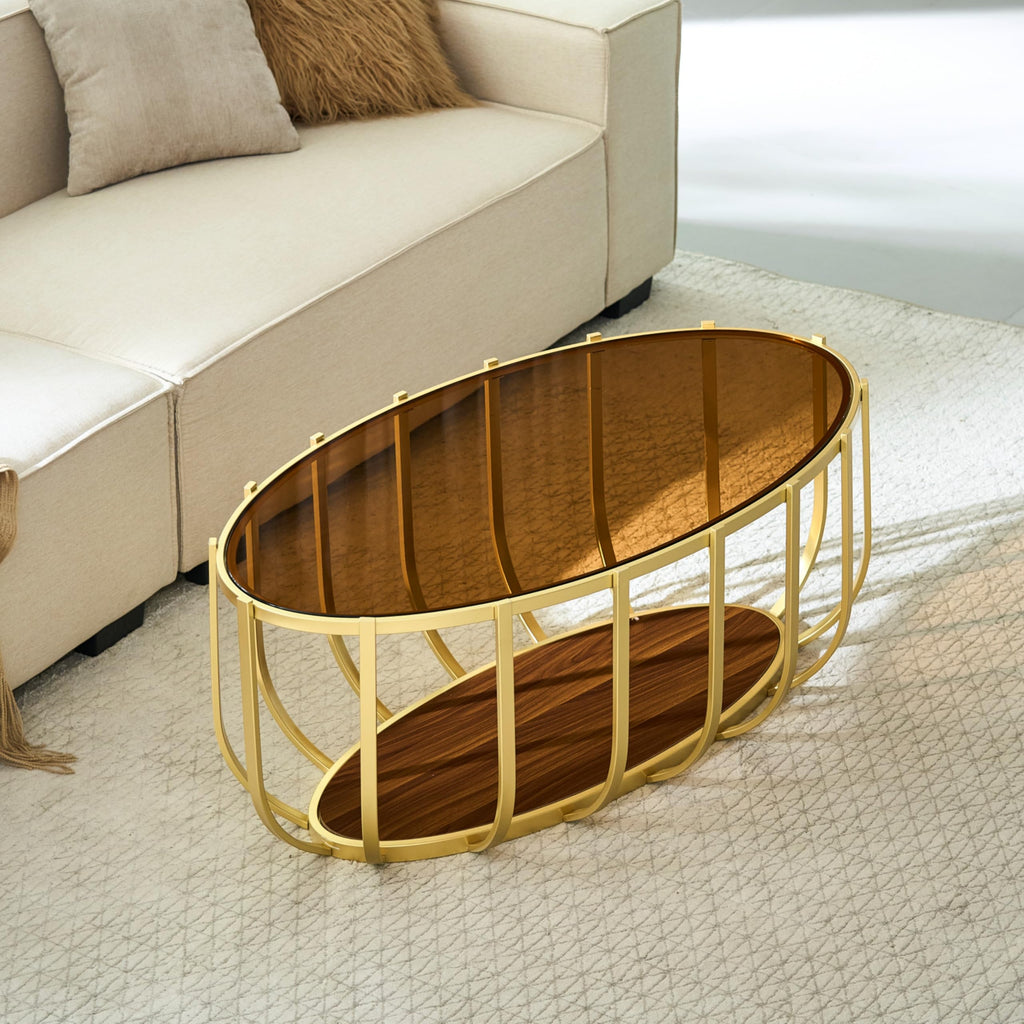 Saint Mossi Gold Round Coffee Table with Clear Glass Top and Glass Shelf