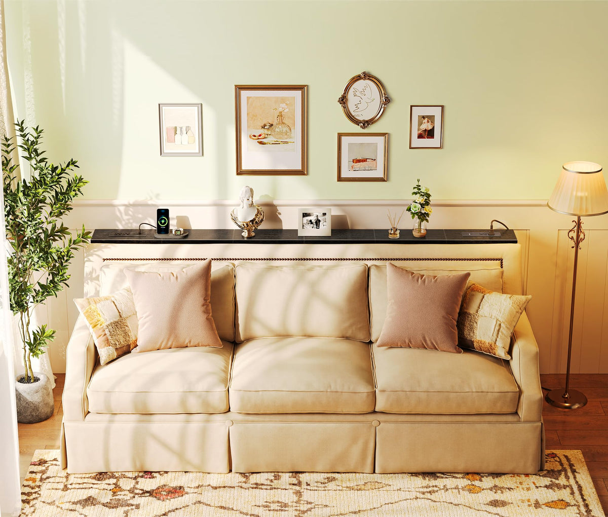 SUPERJARE 110.2 inch Narrow Behind Couch Table with Charging Stations