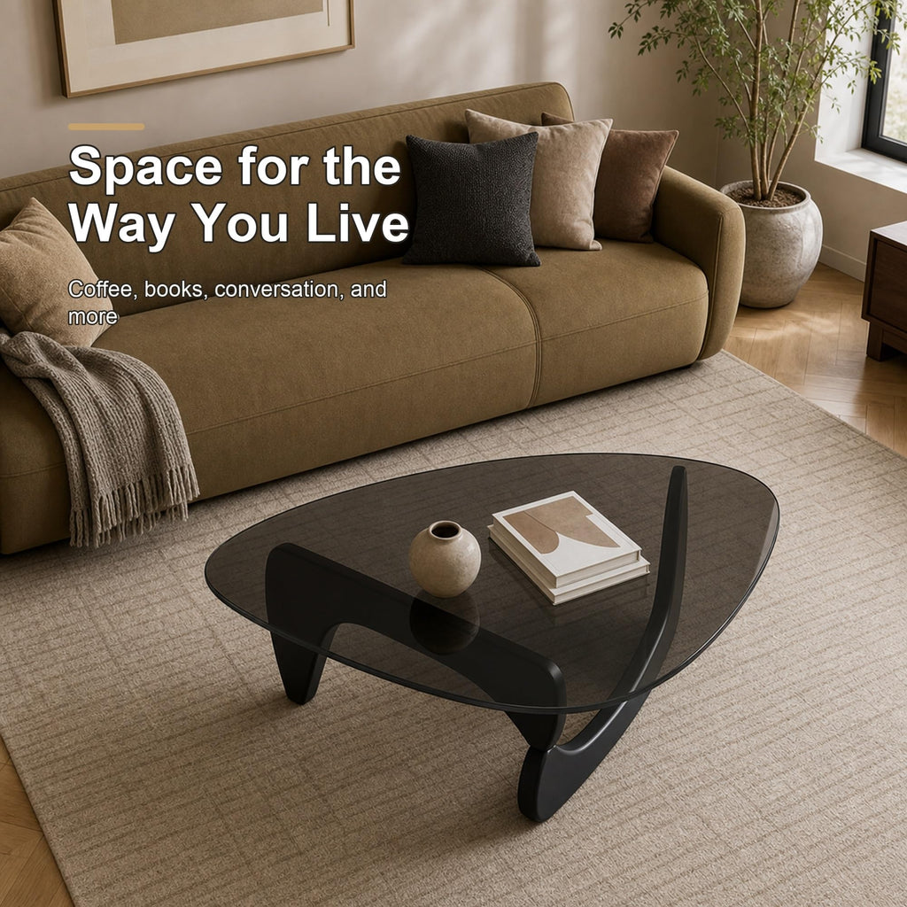 EASYSOUL Modern Glass Coffee Table, 32.68" D x 22.44" W x 15.75" H, Abstract Round Tea Tables for Living Room Home Office Industrial Cocktail Tables (Walnut-Brown Glass, 32.68")