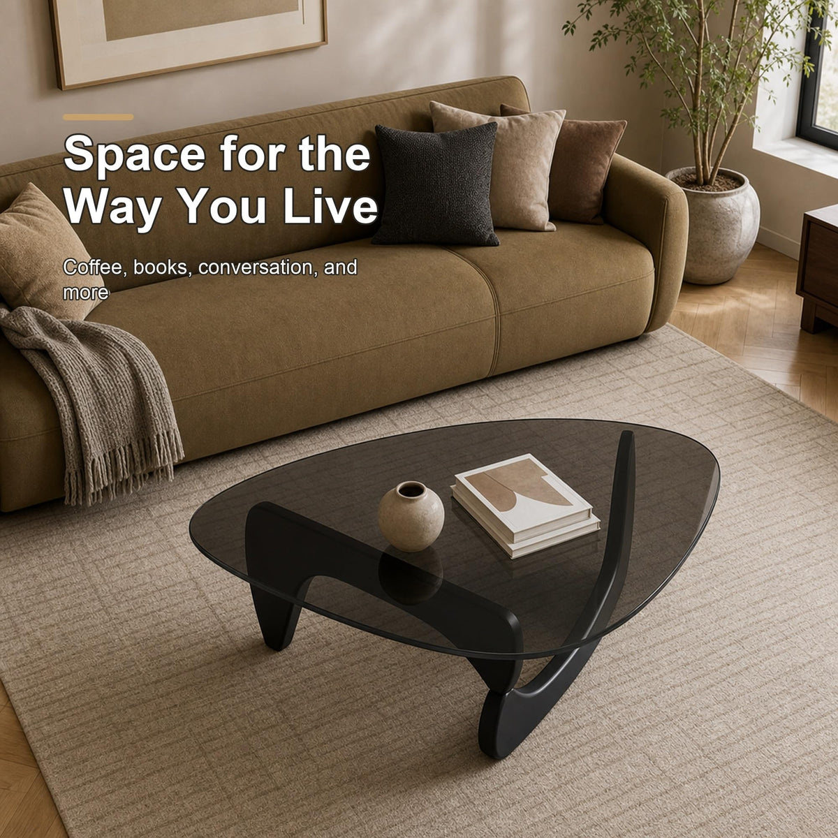 EASYSOUL Modern Glass Coffee Table, 32.68" D x 22.44" W x 15.75" H, Abstract Round Tea Tables for Living Room Home Office Industrial Cocktail Tables (Walnut-Brown Glass, 32.68")