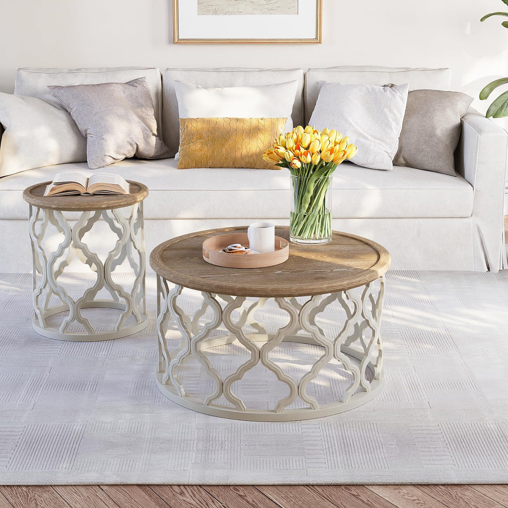 karlott Farmhouse Coffee Table, French Country Round Coffee Table, Beige