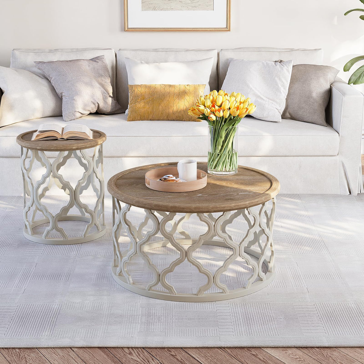 karlott Farmhouse Coffee Table, French Country Round Coffee Table, Beige