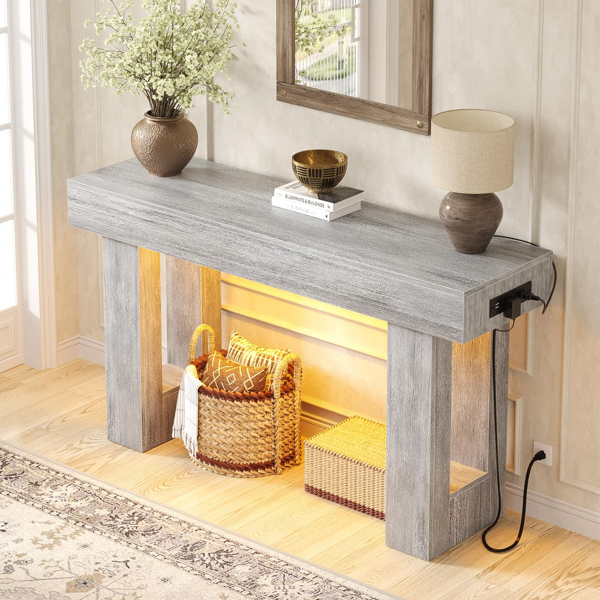 Unikito 63" Console Table with Sensor Light & AC Outlets with USB-C Ports