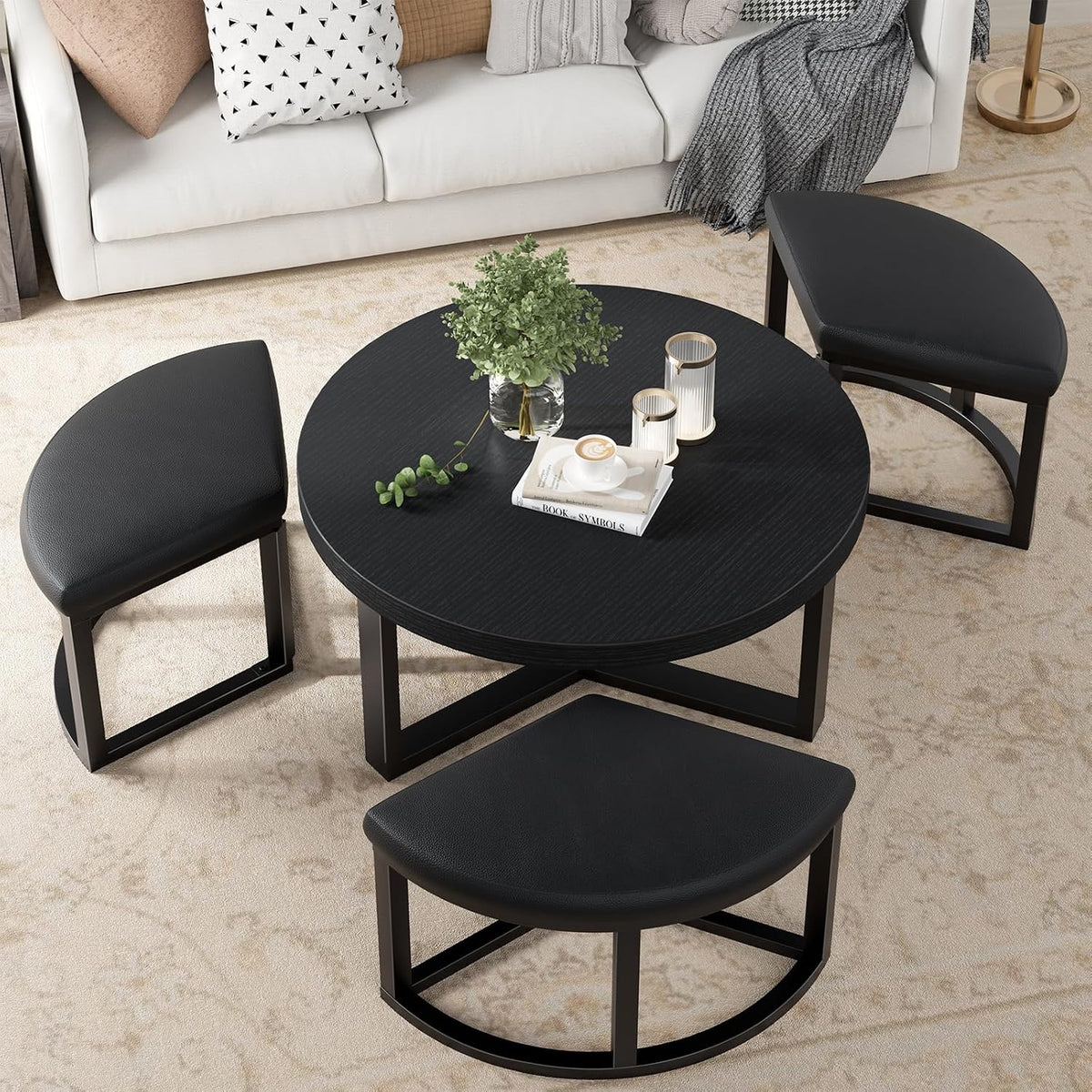 Round Coffee Table with Stools Underneath - 30 Inch Small Modern Tables Set with 3 Chairs Ottomans Seating Seats Black Wood