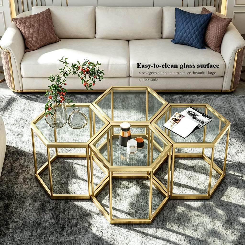 Hexagonal Modular Coffee Table, Gold Plated Frame, Tempered Glass Top, Geometric Accent Side Table, Multi-Purpose Nesting Table for Living Room Bedroom, Set of 3