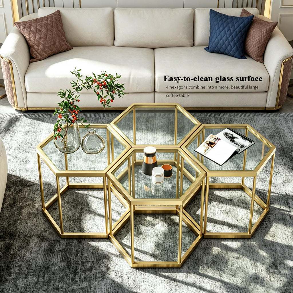 Hexagonal Modular Coffee Table, Gold Plated Frame, Tempered Glass Top, Geometric Accent Side Table, Multi-Purpose Nesting Table for Living Room Bedroom, Set of 3