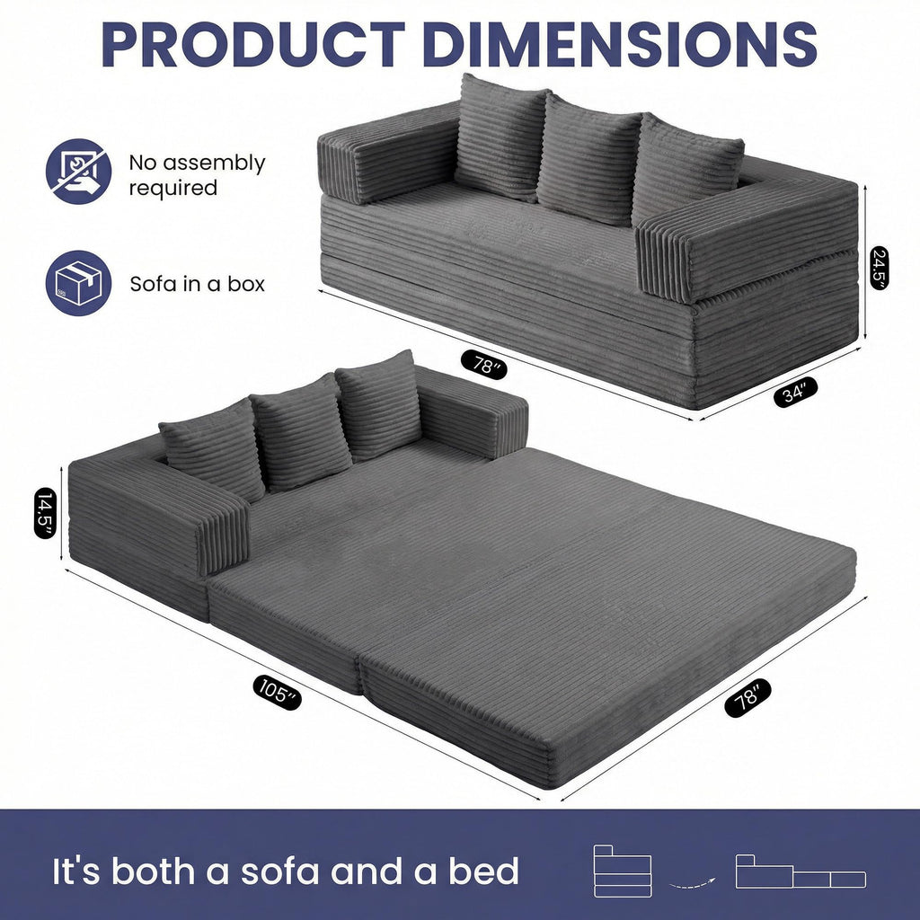Convertible Sofa Bed, 4-in-1 Boneless Loveseat with Removable Armrests Backrest, Corduroy Futon Couch Bed with Pillow, Foldable Mattress Sleeper Sofa for Living Room Bedroom Small Place (Beige)