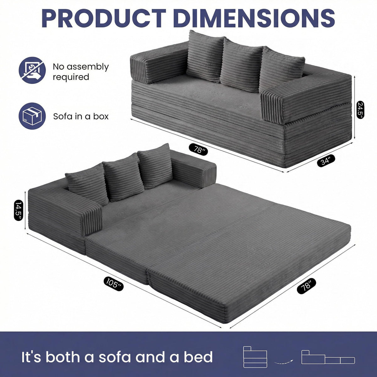 Convertible Sofa Bed, 4-in-1 Boneless Loveseat with Removable Armrests Backrest, Corduroy Futon Couch Bed with Pillow, Foldable Mattress Sleeper Sofa for Living Room Bedroom Small Place (Beige)