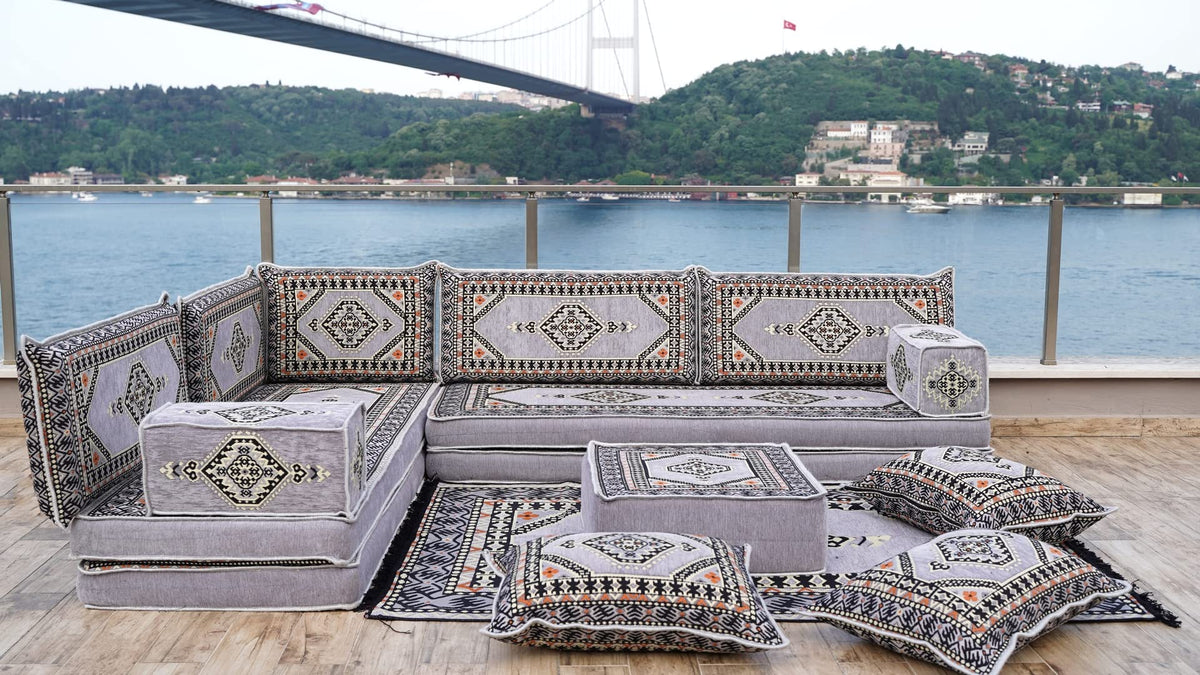 Gray L Shaped Pallet Cushions, Arabic Floor Sofa Set, Oriental Floor Seating, Sectional Floor Cushion, Indoor Floor Pillows, Arabic Majlis Set, Sofa Bed (U Sofa + Rug + Ottoman, 8'' Thickness (20 cm))