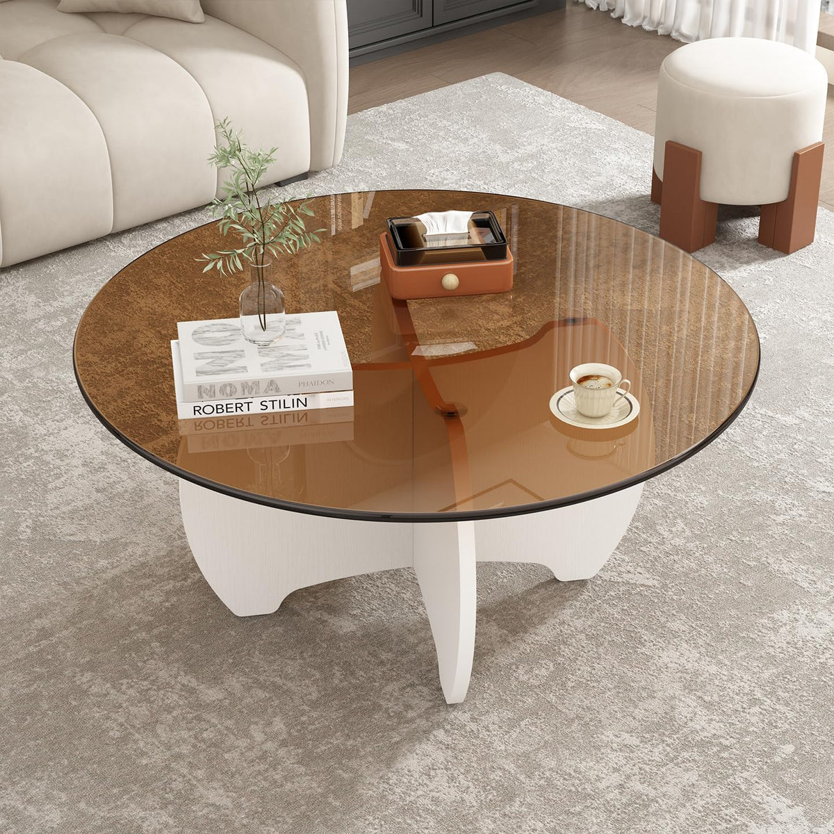 31.5'' Round Coffee Table with Tempered Glass Top, Modern Center Table for Small Spaces - Sturdy Black Board Frame, Simple Design for Living Room, Home, Office - Easy Assembly.