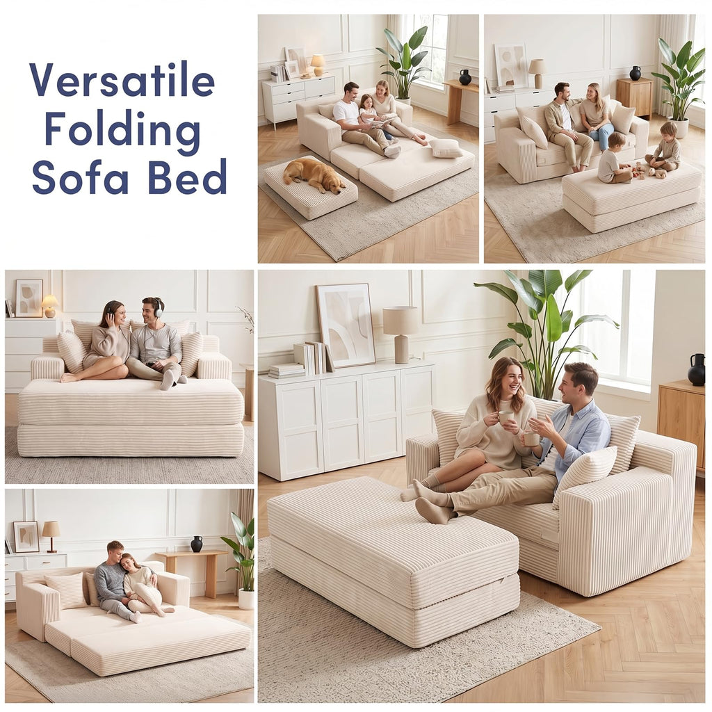 cidludto Convertible Sofa Bed, 3 in 1 Loveseat Folding Couch Bed Foldable - Chaise Lounge Chair & Floor Futon Sofa, Corduroy Pull Out Sofa Bed with 4 Pillows for Living Room, Beige
