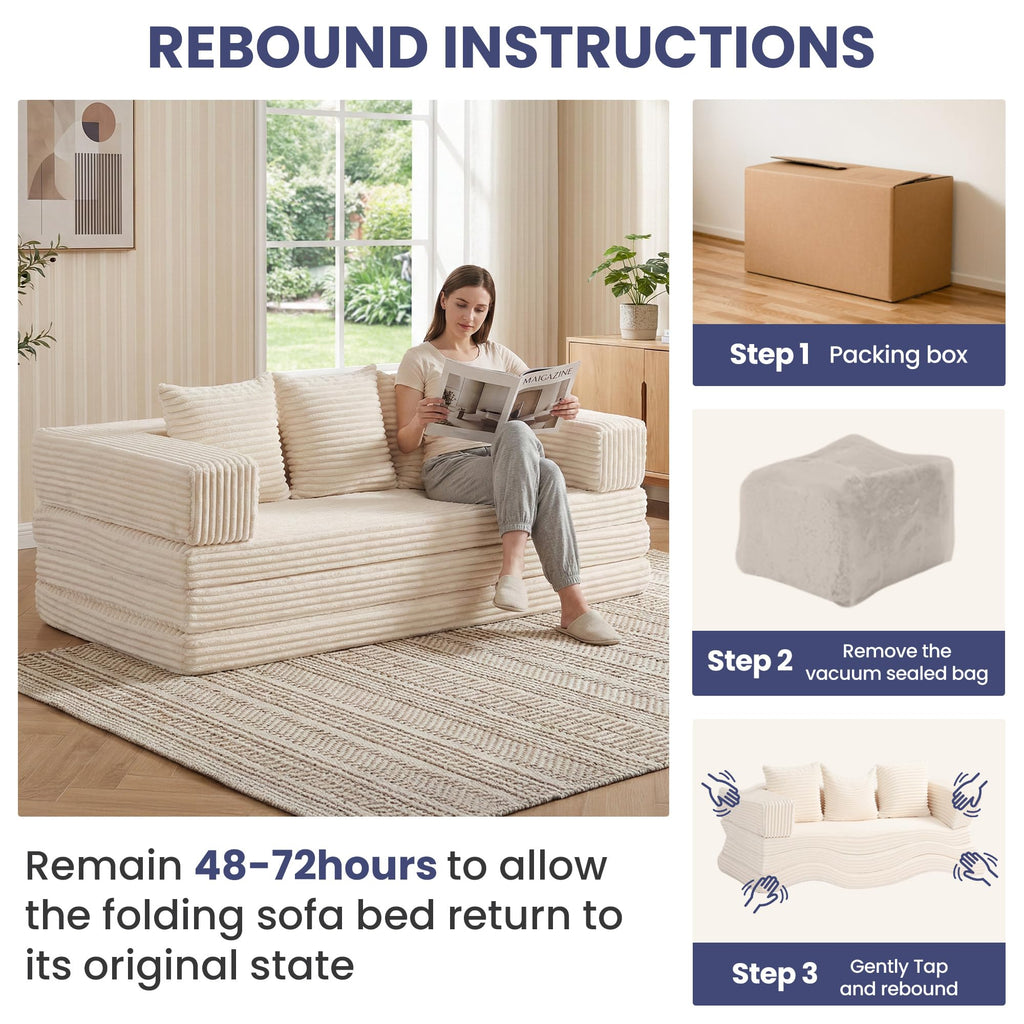 Convertible Sofa Bed, 4-in-1 Boneless Loveseat with Removable Armrests Backrest, Corduroy Futon Couch Bed with Pillow, Foldable Mattress Sleeper Sofa for Living Room Bedroom Small Place (Beige)