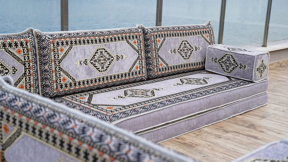 Gray L Shaped Pallet Cushions, Arabic Floor Sofa Set, Oriental Floor Seating, Sectional Floor Cushion, Indoor Floor Pillows, Arabic Majlis Set, Sofa Bed (U Sofa + Rug + Ottoman, 8'' Thickness (20 cm))