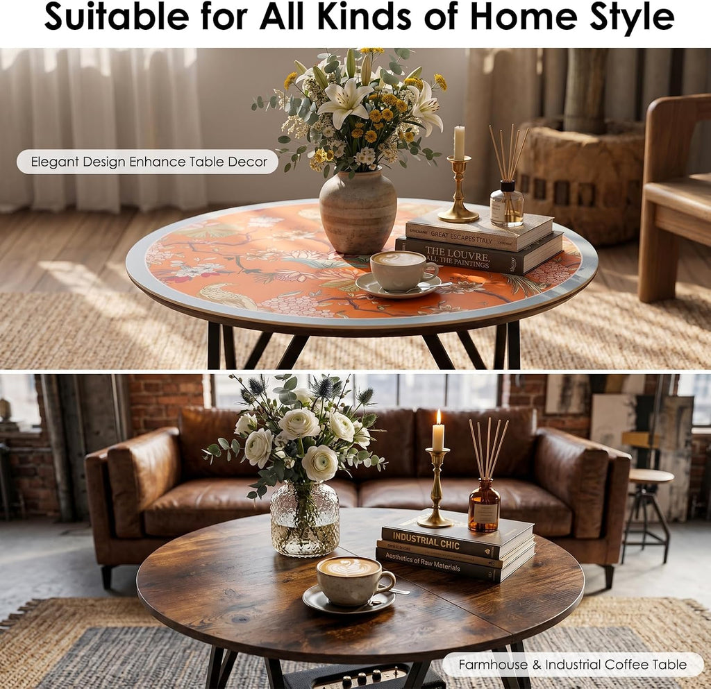 31.5" Round Coffee Table with Orange Table Mat, 2-Tier Circle Center Table