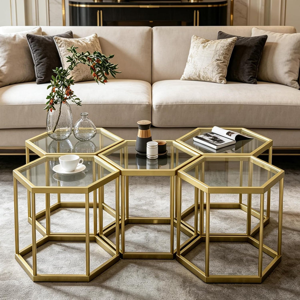 Hexagonal Modular Coffee Table, Gold Plated Frame, Tempered Glass Top, Geometric Accent Side Table, Multi-Purpose Nesting Table for Living Room Bedroom, Set of 3