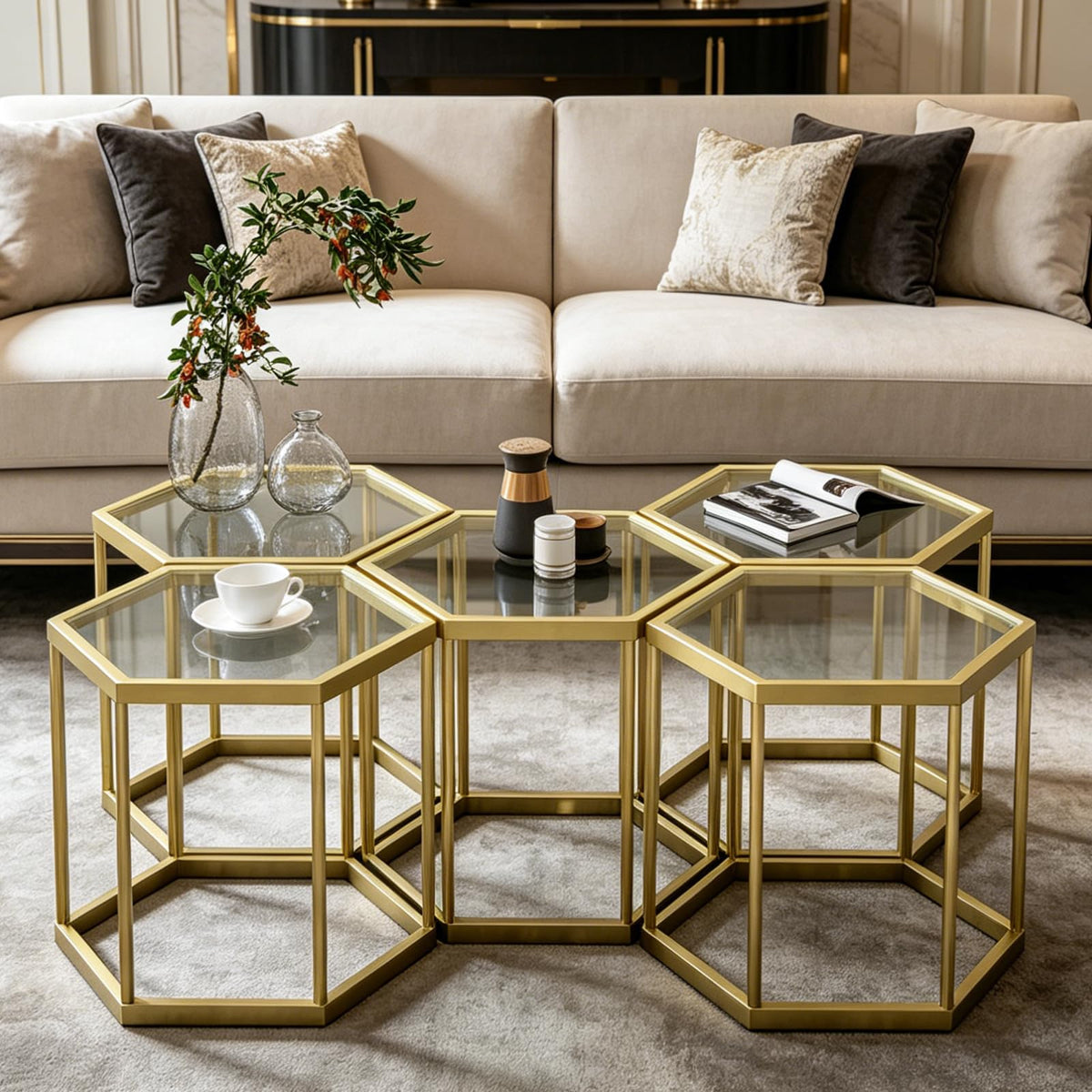 Hexagonal Modular Coffee Table, Gold Plated Frame, Tempered Glass Top, Geometric Accent Side Table, Multi-Purpose Nesting Table for Living Room Bedroom, Set of 3