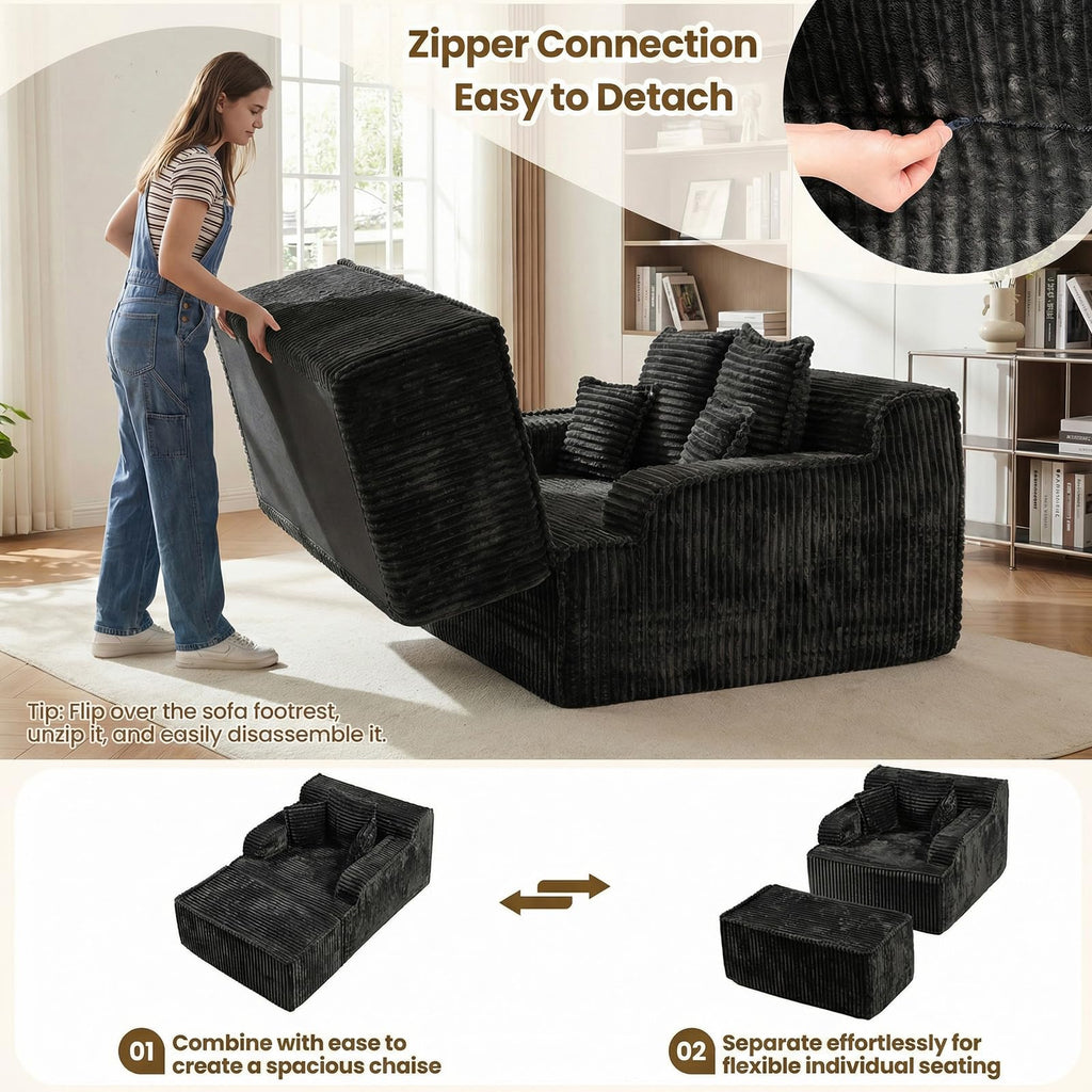 Chaise Lounge Chair Indoor,Boneless Chair with Ottoman,Comfy Reading Chair for Adults,Small Sofa Bed Couch for Living Room,Single Sleeper Chair Bed,Beige