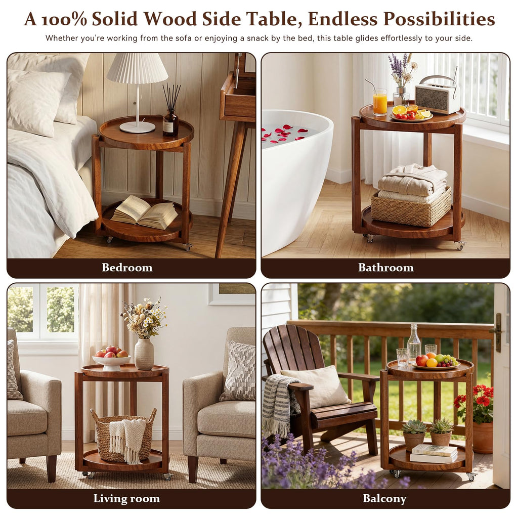 Taitiy Rolling Side Table with Wheels, Small Solid Wood Round End Table