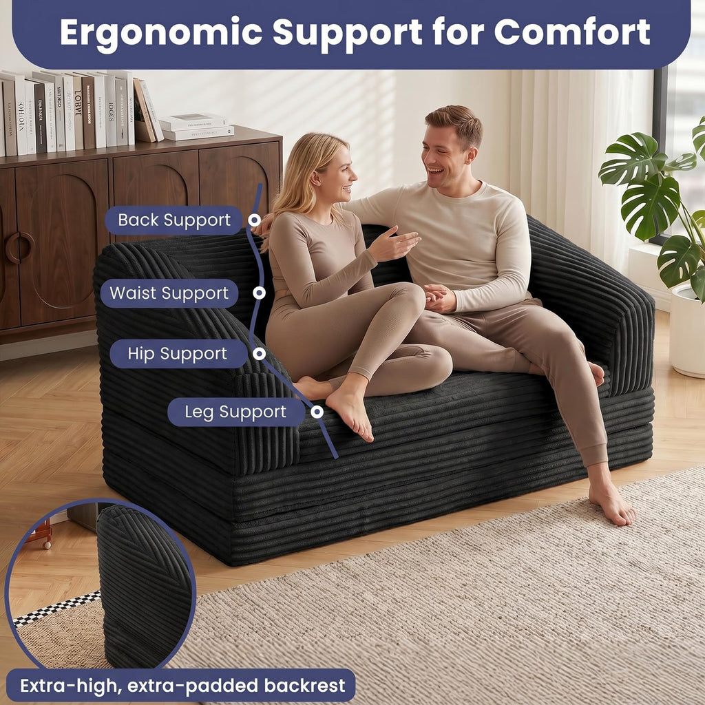 JUIKURY Convertible Sofa Bed, 3-in-1 Foldable Loveseat Couch with Armrest, Corduroy Floor Sofa & Sleeper Bed, No Assembly High-Density Foam Futon Mattress for Living Room, Small Apartment, Dorm