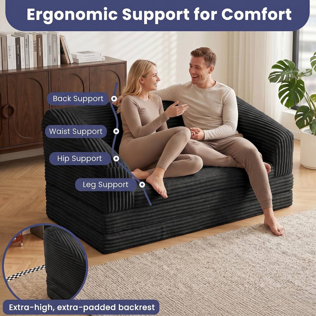 JUIKURY Convertible Sofa Bed, 3-in-1 Foldable Loveseat Couch with Armrest, Corduroy Floor Sofa & Sleeper Bed, No Assembly High-Density Foam Futon Mattress for Living Room, Small Apartment, Dorm