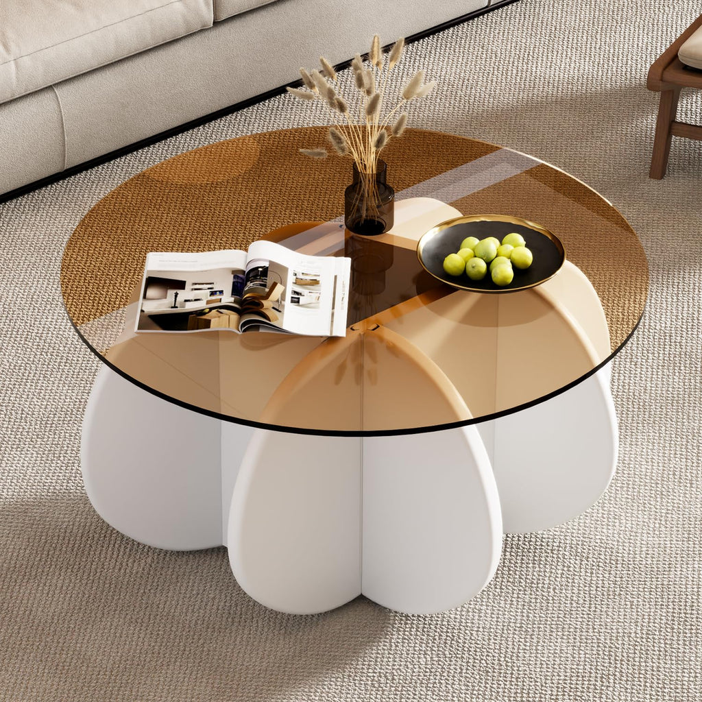 31.5'' Round Coffee Table with Tempered Glass Top, Modern Center Table for Small Spaces - Sturdy Walnut Board Frame, Simple Design for Living Room, Home, Office - Easy Assembly. (Walnut + Brown)