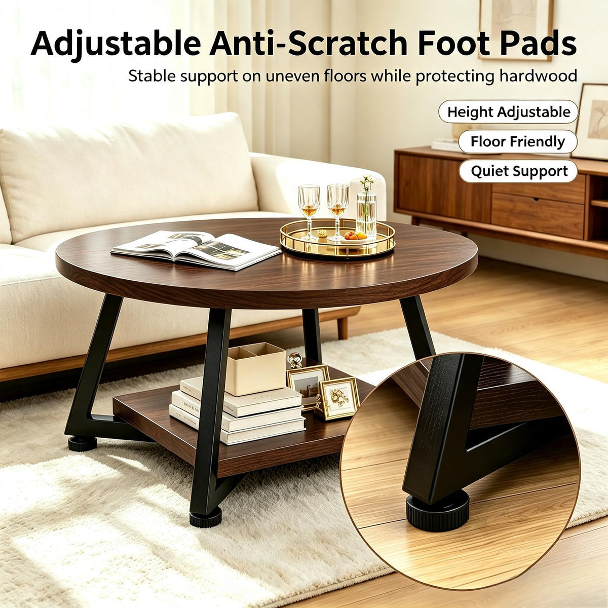 Coffee Tables for Living Room, 27.6" Round Coffee Table, Black Coffee Table
