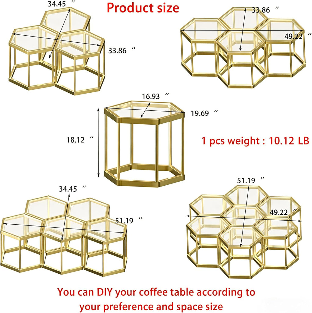 Hexagonal Modular Coffee Table, Gold Plated Frame, Tempered Glass Top, Geometric Accent Side Table, Multi-Purpose Nesting Table for Living Room Bedroom, Set of 3