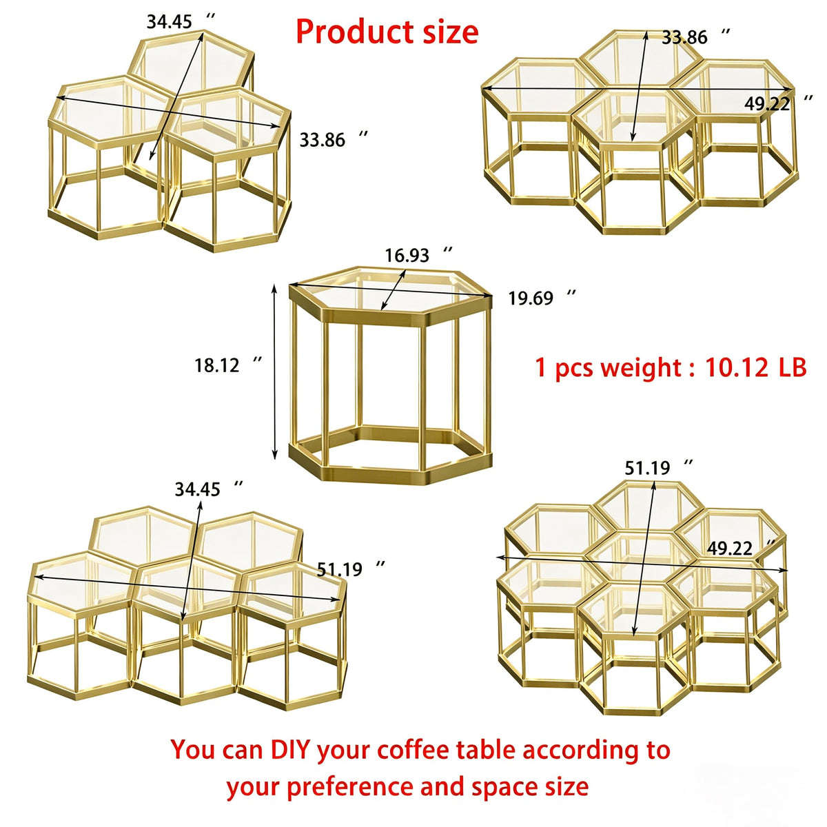 Hexagonal Modular Coffee Table, Gold Plated Frame, Tempered Glass Top, Geometric Accent Side Table, Multi-Purpose Nesting Table for Living Room Bedroom, Set of 3