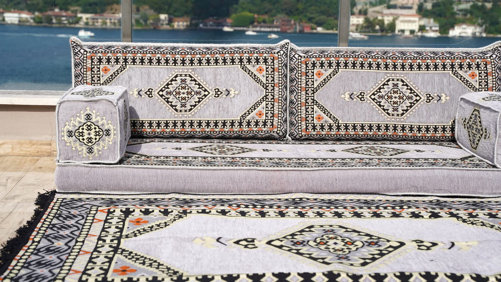 Gray L Shaped Pallet Cushions, Arabic Floor Sofa Set, Oriental Floor Seating, Sectional Floor Cushion, Indoor Floor Pillows, Arabic Majlis Set, Sofa Bed (U Sofa + Rug + Ottoman, 8'' Thickness (20 cm))