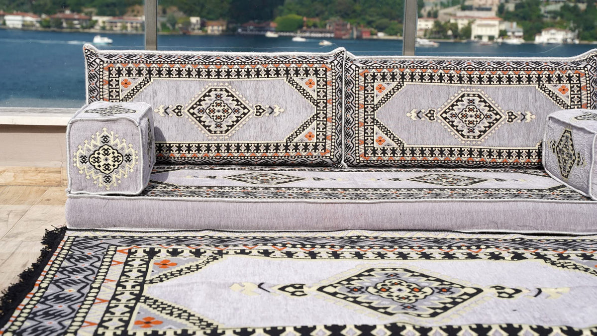 Gray L Shaped Pallet Cushions, Arabic Floor Sofa Set, Oriental Floor Seating, Sectional Floor Cushion, Indoor Floor Pillows, Arabic Majlis Set, Sofa Bed (U Sofa + Rug + Ottoman, 8'' Thickness (20 cm))