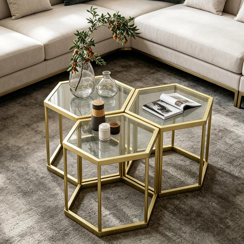 Hexagonal Modular Coffee Table, Gold Plated Frame, Tempered Glass Top, Geometric Accent Side Table, Multi-Purpose Nesting Table for Living Room Bedroom, Set of 3
