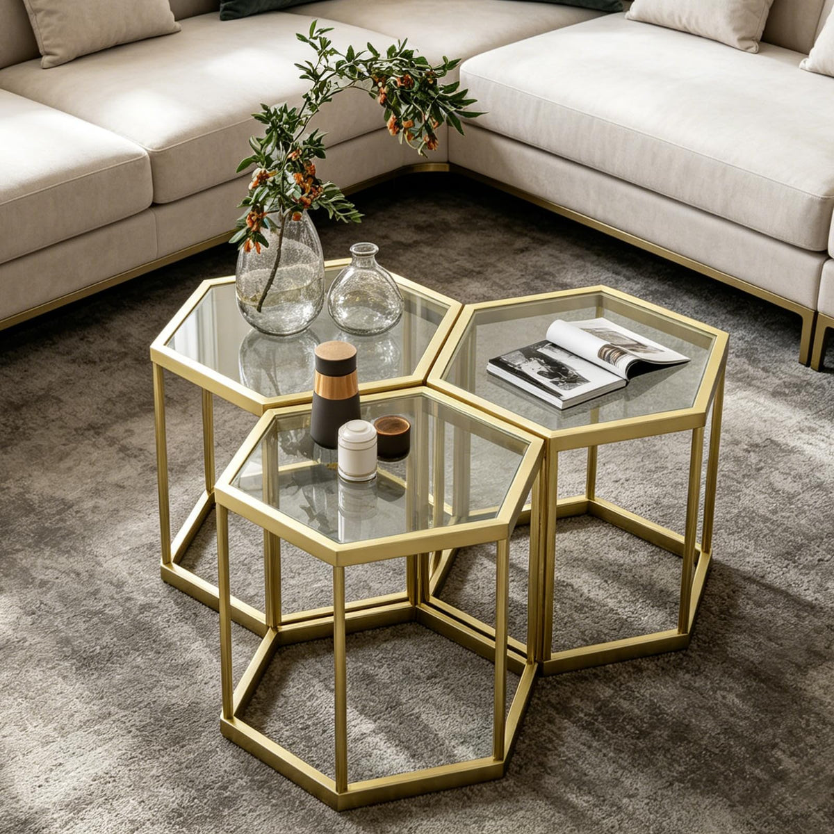 Hexagonal Modular Coffee Table, Gold Plated Frame, Tempered Glass Top, Geometric Accent Side Table, Multi-Purpose Nesting Table for Living Room Bedroom, Set of 3