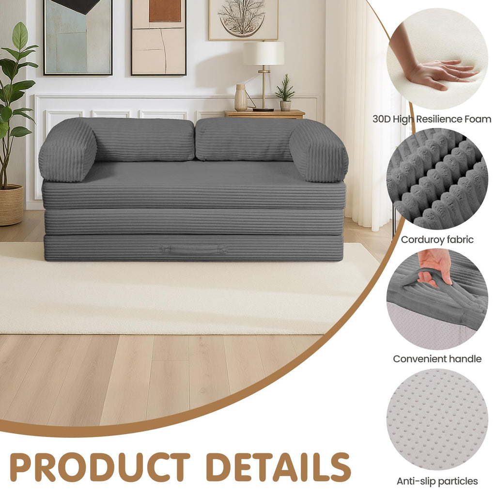 Convertible Sofa Bed Queen,5-in-1 Boneless Couch with Removable Armrests & Handle,Corduroy Futon Sleeper Sofa,Floor Folding Mattress Pull Out Bed for Small Space Apartment Living Room Bedroom,Green