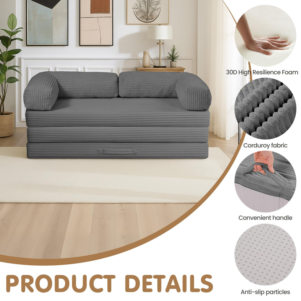 Convertible Sofa Bed Queen,5-in-1 Boneless Couch with Removable Armrests & Handle,Corduroy Futon Sleeper Sofa,Floor Folding Mattress Pull Out Bed for Small Space Apartment Living Room Bedroom,Green