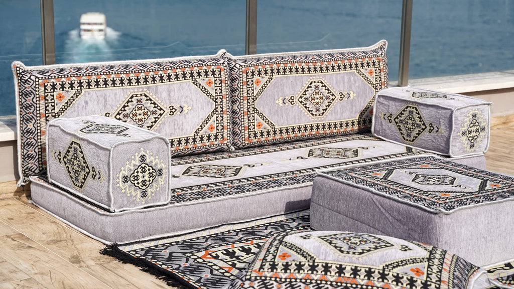Gray L Shaped Pallet Cushions, Arabic Floor Sofa Set, Oriental Floor Seating, Sectional Floor Cushion, Indoor Floor Pillows, Arabic Majlis Set, Sofa Bed (U Sofa + Rug + Ottoman, 8'' Thickness (20 cm))