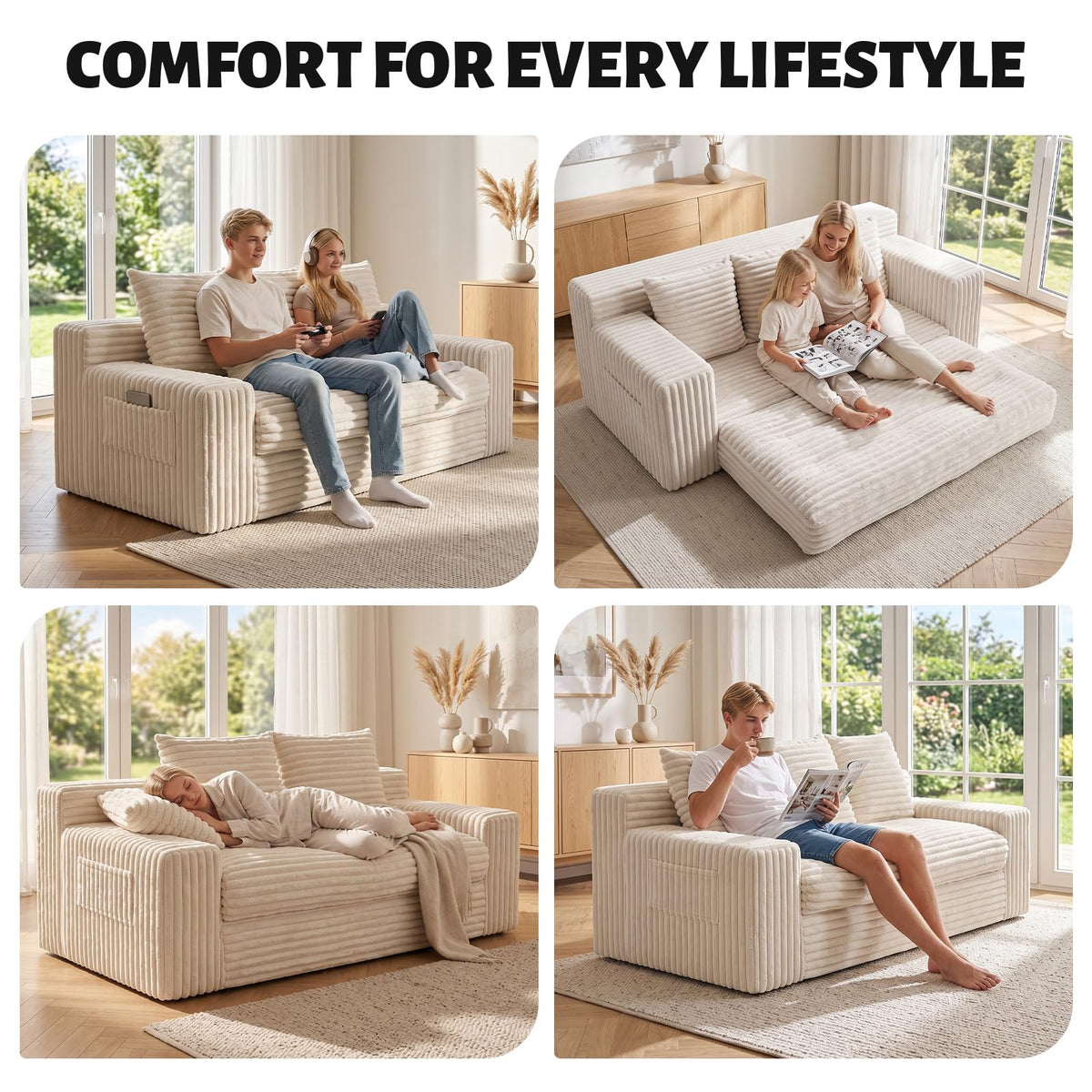 Small Boneless Couch, Boneless Loveseat Convertible Sofa Bed Sleeper Sofa Couch Bed with 2 Pillows, Corduroy Folding Floor Futon Foldable Boneless Couch for Living Room, Guest Room, Small Space, Black