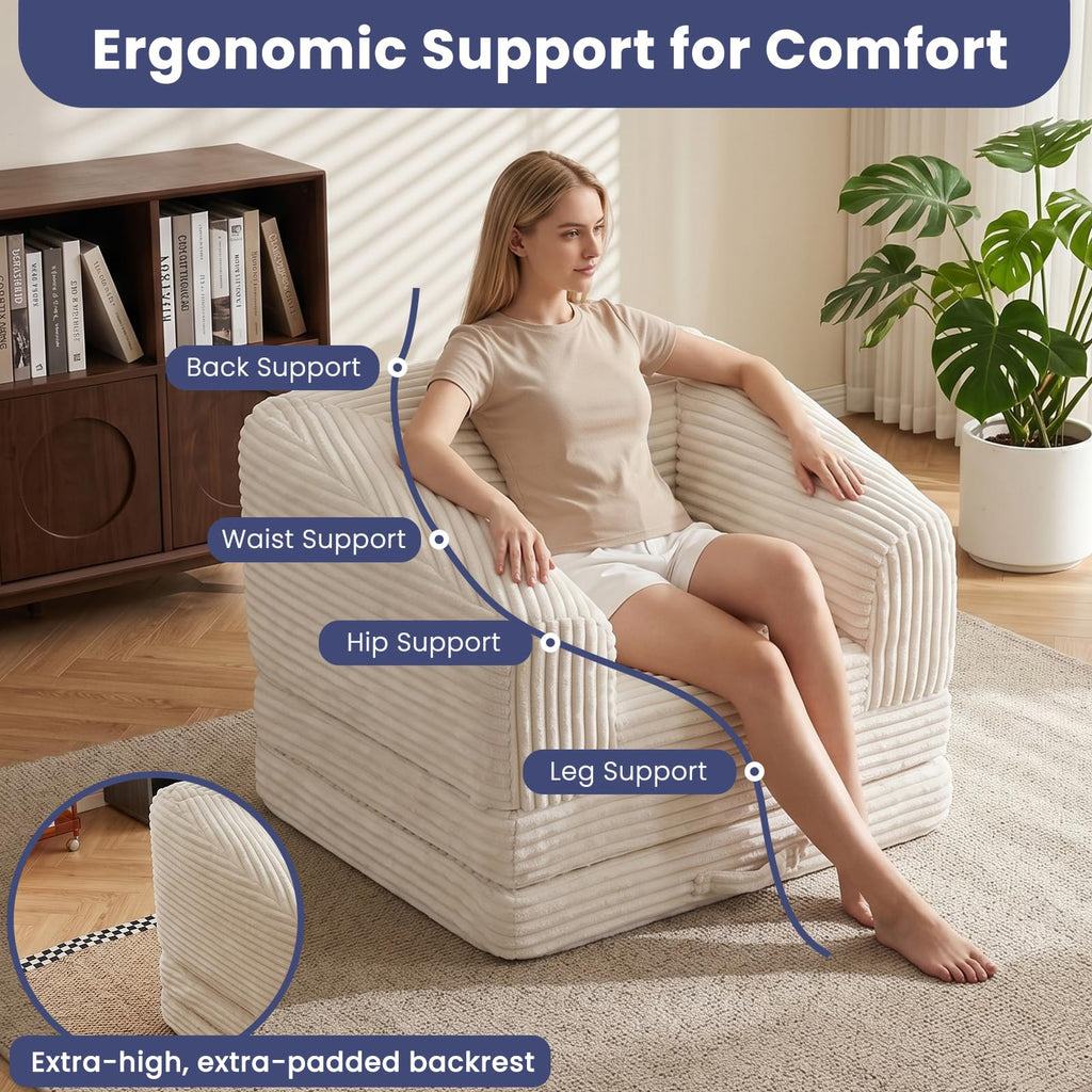 JUIKURY Convertible Sofa Bed, 3-in-1 Foldable Loveseat Couch with Armrest, Corduroy Floor Sofa & Sleeper Bed, No Assembly High-Density Foam Futon Mattress for Living Room, Small Apartment, Dorm